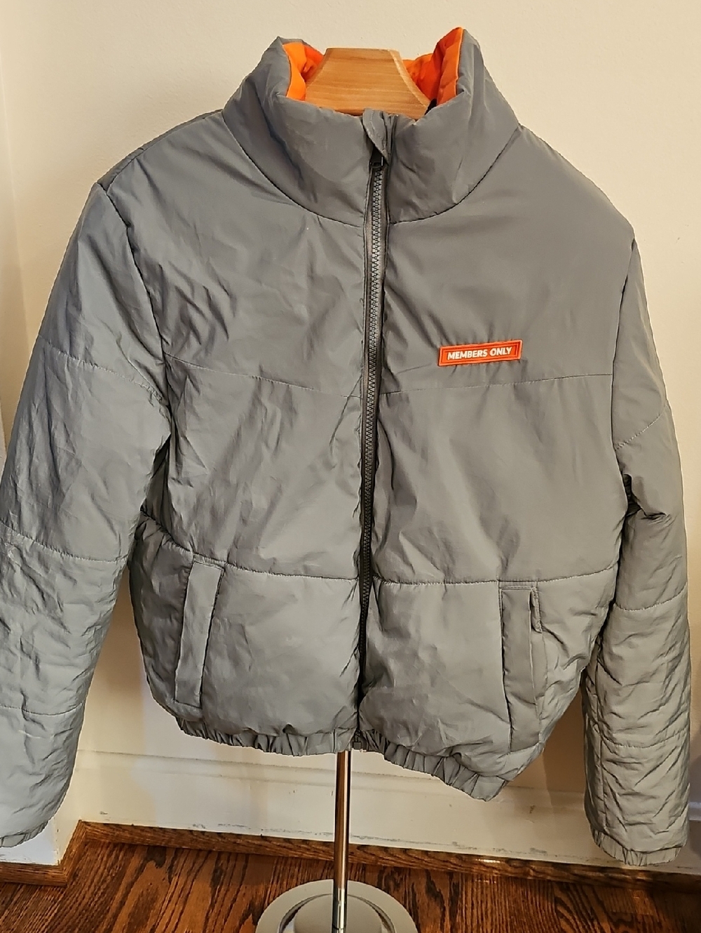 Members Only Gray Reflective Puffer Jacket with Orange Accents
